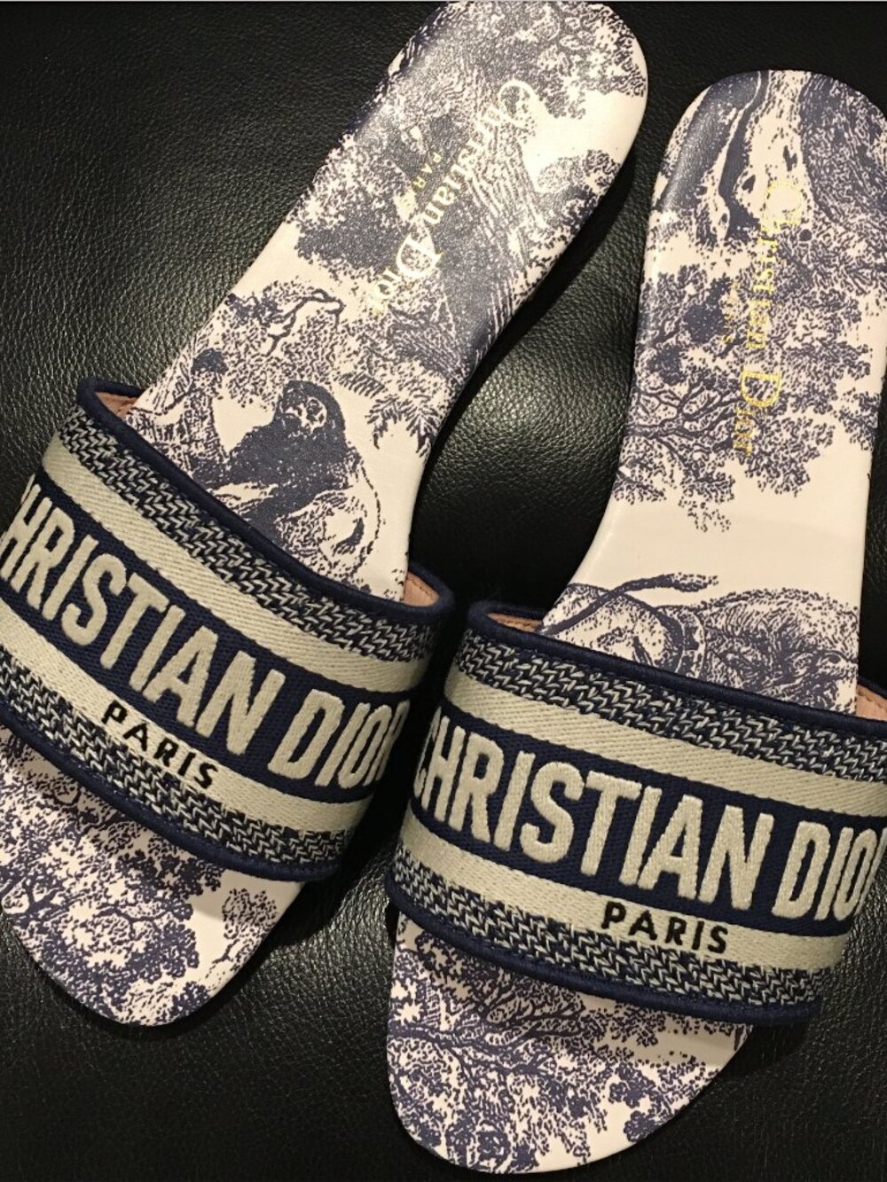 Dior Dway Blue Embroidered Cotton Logo Slides